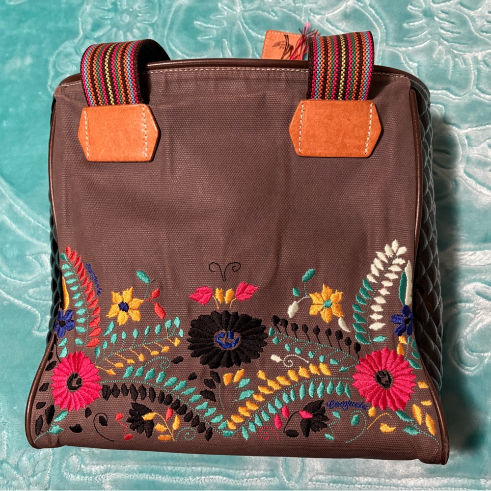 Consuela Brown Tote with Colorful Embroidery